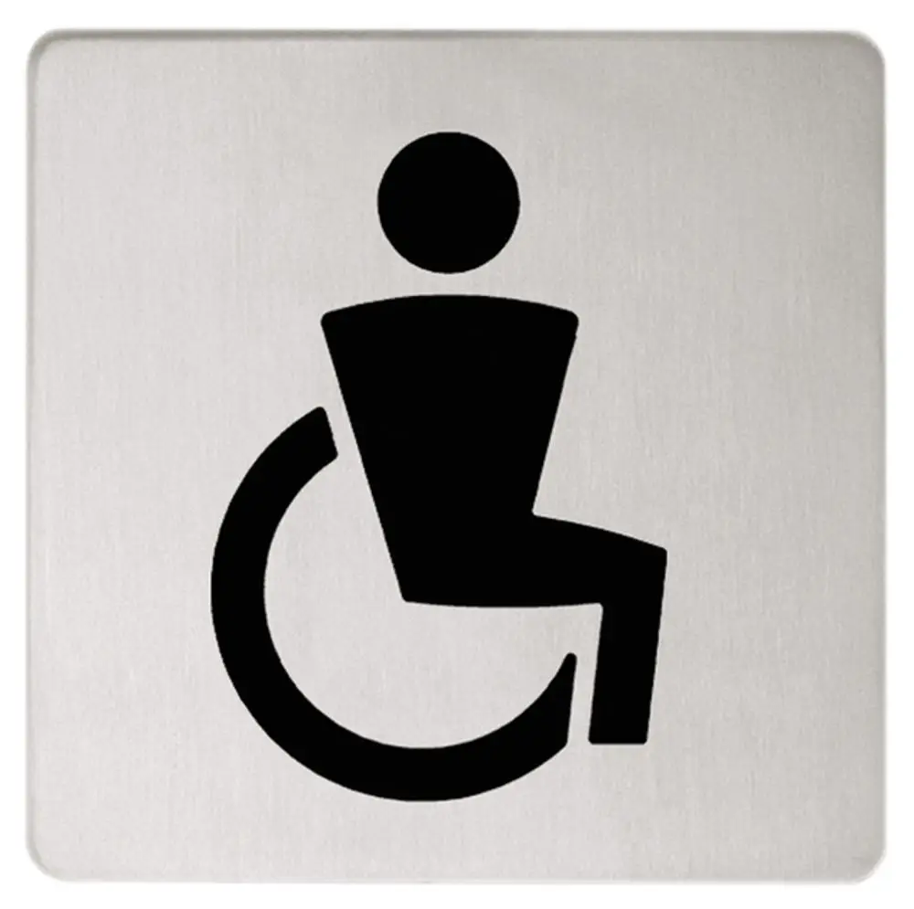 Schwarzes Schild mit einem Symbol für ein behindertengerechtes WC. Das Design stammt von Keuco und zeigt eine Person im Rollstuhl auf silber-eloxierter Oberfläche.